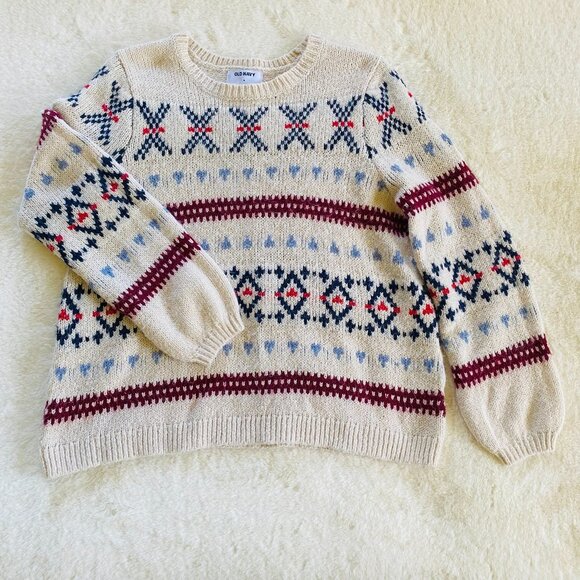 2/$18🌴 Old Navy Women's Oversized Cream Sweater Nordic Pattern Lantern Sleeves - Picture 1 of 8